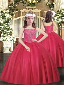 Coral Red Sleeveless Floor Length Beading Lace Up Kids Formal Wear