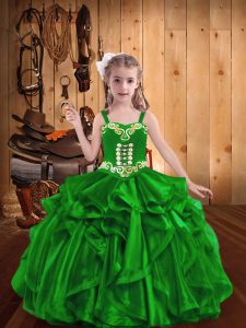 Floor Length Green Little Girls Pageant Gowns Straps Sleeveless Lace Up