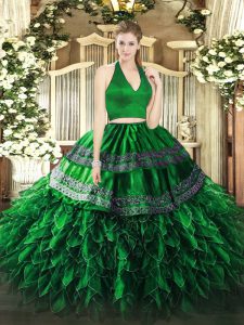 Spectacular Organza Halter Top Sleeveless Zipper Appliques and Ruffles Quinceanera Dresses in Dark Green