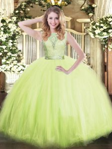 Modest Yellow Green Ball Gowns Tulle Scoop Sleeveless Lace Floor Length Backless 15 Quinceanera Dress