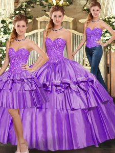 Adorable Three Pieces Quinceanera Dress Eggplant Purple Sweetheart Organza Sleeveless Floor Length Lace Up