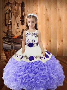 Sleeveless Floor Length Embroidery and Ruffles Lace Up Little Girls Pageant Dress Wholesale with Lavender