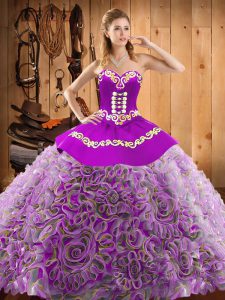 Flirting Sweep Train Ball Gowns 15 Quinceanera Dress Multi-color Sweetheart Satin and Fabric With Rolling Flowers Sleeveless With Train Lace Up