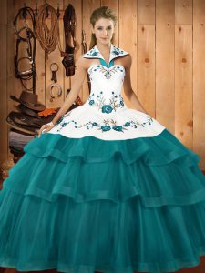 Cute Sweep Train Mermaid Sweet 16 Dresses Teal Halter Top Organza Sleeveless Lace Up