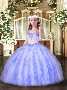 Popular Straps Sleeveless Little Girls Pageant Dress Wholesale Floor Length Beading and Ruffles Lavender Organza