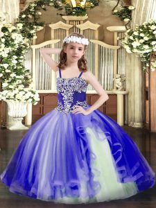 Enchanting Blue Lace Up Little Girls Pageant Dress Appliques Sleeveless Floor Length