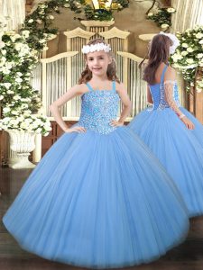 Popular Baby Blue Lace Up Little Girls Pageant Dress Wholesale Beading Sleeveless Floor Length