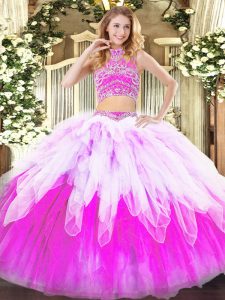 Sleeveless Floor Length Beading and Ruffles Backless Quinceanera Dresses with Multi-color