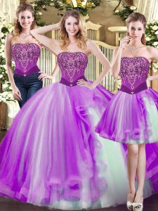 Superior Eggplant Purple Lace Up Quinceanera Gowns Beading Sleeveless Floor Length