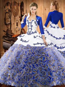 Sweep Train Ball Gowns 15 Quinceanera Dress Multi-color Strapless Satin and Fabric With Rolling Flowers Sleeveless With Train Lace Up