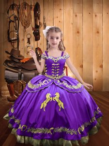 Fashionable Lavender Little Girls Pageant Dress Sweet 16 and Quinceanera with Beading and Embroidery Off The Shoulder Sleeveless Lace Up