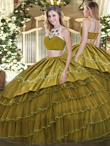 Olive Green Sleeveless Beading and Embroidery and Ruffled Layers Floor Length 15th Birthday Dress