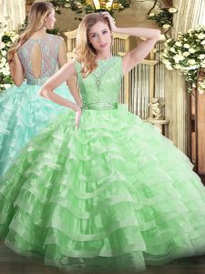 Ball Gowns Quinceanera Dress Apple Green Scoop Organza Sleeveless Floor Length Backless