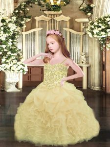 Perfect Asymmetrical Champagne Little Girls Pageant Gowns Organza Sleeveless Appliques and Ruffles and Pick Ups