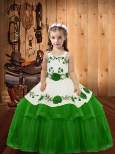 Green Ball Gowns Straps Sleeveless Organza Floor Length Lace Up Embroidery and Ruffled Layers Little Girl Pageant Gowns