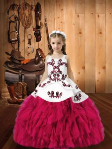 Latest Fuchsia Little Girls Pageant Dress Sweet 16 and Quinceanera with Embroidery and Ruffles Straps Sleeveless Lace Up