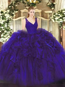 Adorable Purple Quinceanera Dress Sweet 16 and Quinceanera with Beading and Ruffles V-neck Sleeveless Zipper