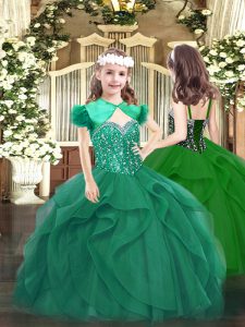 Straps Sleeveless Lace Up Pageant Gowns For Girls Dark Green Tulle