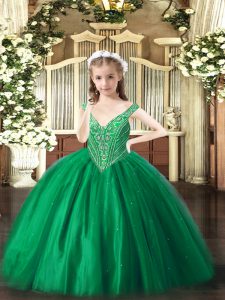 Sleeveless Floor Length Beading Lace Up Little Girls Pageant Gowns with Green