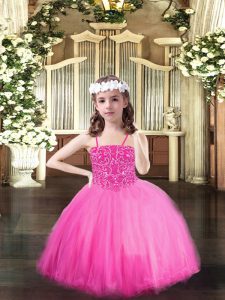 Pretty Rose Pink Spaghetti Straps Lace Up Beading Little Girl Pageant Gowns Sleeveless