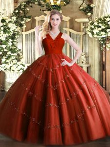 Rust Red V-neck Zipper Beading Quinceanera Gowns Sleeveless