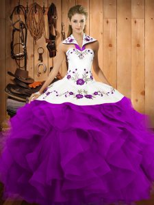 Inexpensive Purple Ball Gowns Satin and Organza Halter Top Sleeveless Embroidery and Ruffles Floor Length Lace Up 15th Birthday Dress