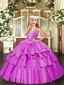 Elegant Lilac V-neck Lace Up Beading and Ruffled Layers Winning Pageant Gowns Sleeveless