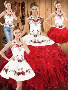 High Quality White And Red Satin and Organza Lace Up Quinceanera Gown Sleeveless Floor Length Embroidery and Ruffles