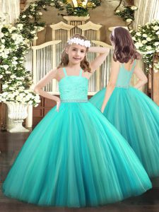 Perfect Straps Sleeveless Tulle Evening Gowns Beading and Lace Zipper