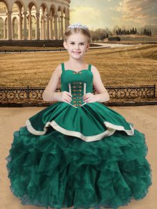 Turquoise Lace Up Straps Beading and Ruffles Kids Formal Wear Organza Sleeveless