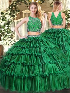 Floor Length Zipper Quinceanera Gown Dark Green for Military Ball and Sweet 16 and Quinceanera with Beading and Appliques and Ruffled Layers