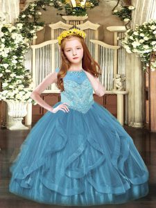 Charming Teal Zipper Girls Pageant Dresses Beading and Ruffles Sleeveless Floor Length