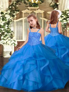 Latest Organza Straps Sleeveless Lace Up Beading and Ruffles Pageant Dress for Womens in Blue
