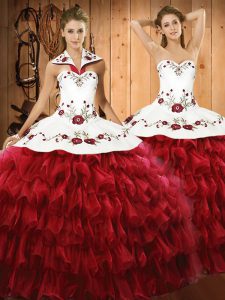 Sleeveless Organza Floor Length Lace Up Ball Gown Prom Dress in Wine Red with Embroidery and Ruffled Layers