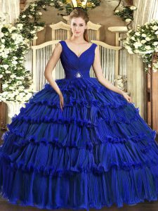 Sumptuous Royal Blue Organza Backless 15 Quinceanera Dress Sleeveless Floor Length Beading and Ruffled Layers