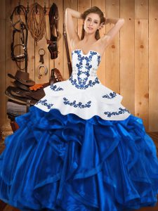 Floor Length Lace Up Quince Ball Gowns Blue for Military Ball and Sweet 16 and Quinceanera with Embroidery and Ruffles