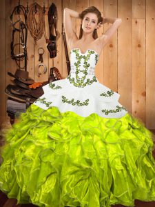 Yellow Green Ball Gowns Strapless Sleeveless Satin and Organza Floor Length Lace Up Embroidery and Ruffles 15 Quinceanera Dress