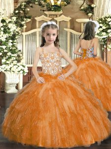 Excellent Orange Straps Lace Up Beading and Ruffles Little Girls Pageant Dress Sleeveless