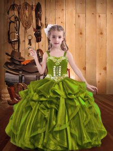 Exquisite Floor Length Ball Gowns Sleeveless Olive Green Little Girl Pageant Gowns Lace Up