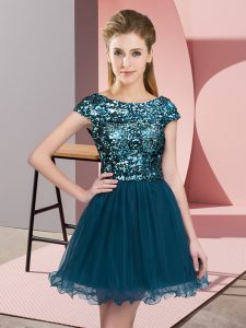 Teal Cap Sleeves Tulle Zipper Vestidos de Damas for Prom and Party and Wedding Party