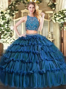 Popular Teal Zipper High-neck Beading and Ruffled Layers Sweet 16 Dresses Tulle Sleeveless