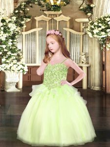 Attractive Yellow Green Ball Gowns Spaghetti Straps Sleeveless Organza Floor Length Lace Up Appliques Pageant Dress for Teens