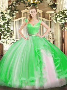 Green Zipper V-neck Beading and Ruffles Ball Gown Prom Dress Tulle Sleeveless