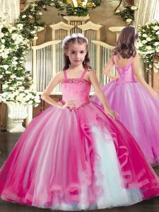 Trendy Fuchsia Sleeveless Appliques Floor Length Pageant Gowns For Girls