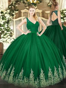 Dark Green Sleeveless Tulle Backless Quinceanera Dress for Military Ball and Sweet 16 and Quinceanera