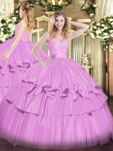 Graceful Lilac Lace Up Quinceanera Dresses Beading and Ruffled Layers Sleeveless Floor Length