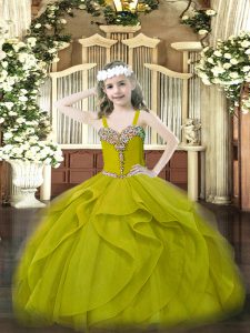 Olive Green Ball Gowns Beading and Ruffles Pageant Gowns For Girls Lace Up Organza Sleeveless Floor Length