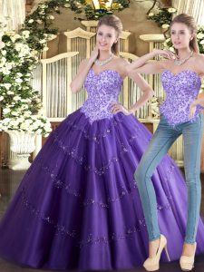 Purple Ball Gowns Beading Ball Gown Prom Dress Lace Up Tulle Sleeveless Floor Length