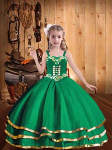 Green Sleeveless Embroidery and Ruffled Layers Floor Length Little Girl Pageant Dress