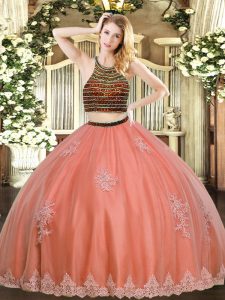 Cheap Coral Red Ball Gowns Tulle Halter Top Sleeveless Beading and Appliques Floor Length Zipper Quinceanera Dress